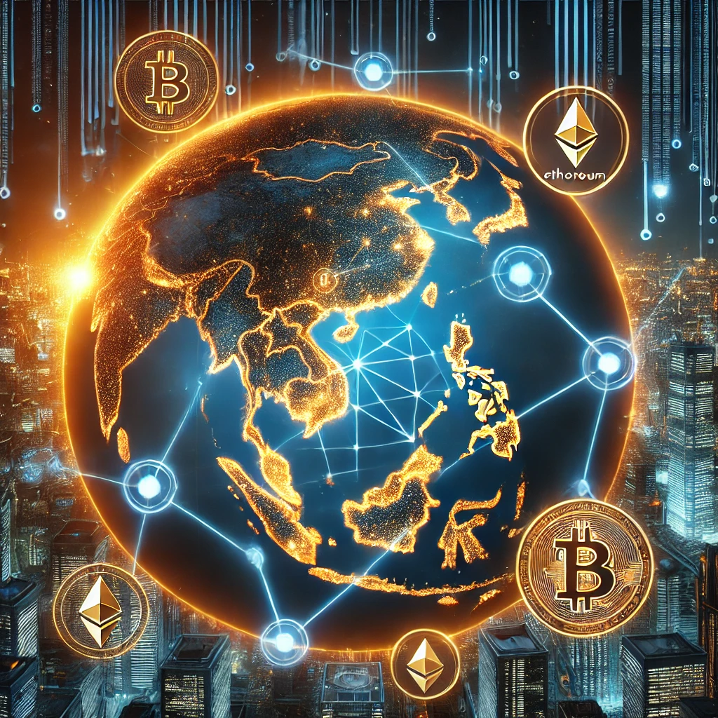 DALL·E 2025 03 14 12.18.24 A Futuristic Digital Artwork Showcasing Southeast Asias Map Integrated With Blockchain Networks. The Map Is Glowing With Interconnected Nodes Symboli