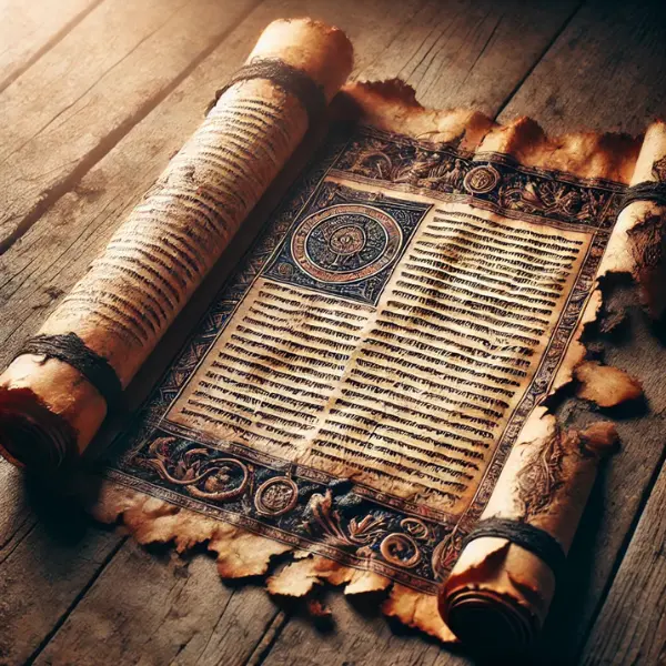 Gulungan manuskrip kuno dengan bagian yang hilang, menyiratkan jejak sejarah tersembunyi dan misteri yang belum terpecahkan.