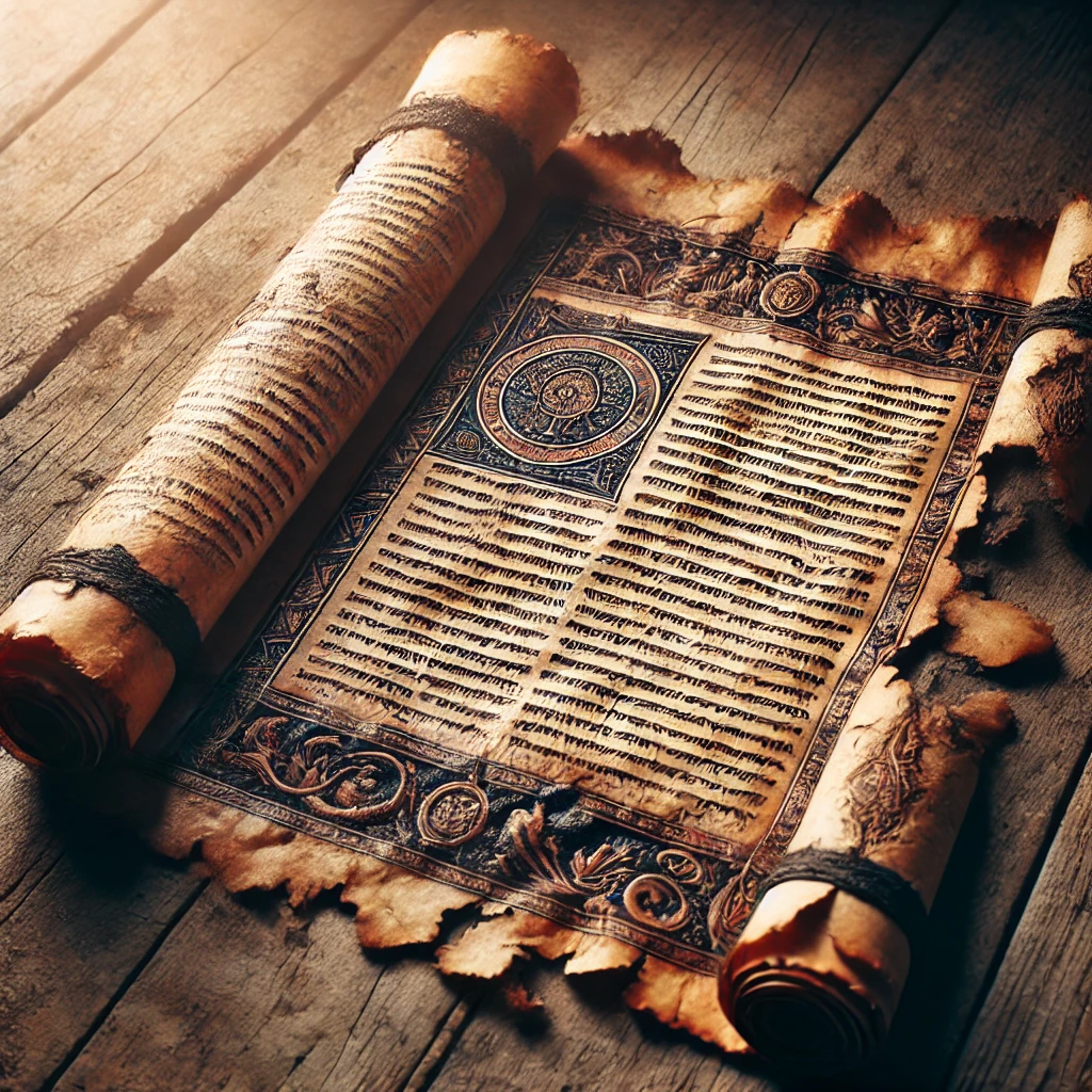 Gulungan manuskrip kuno dengan bagian yang hilang, menyiratkan jejak sejarah tersembunyi dan misteri yang belum terpecahkan.