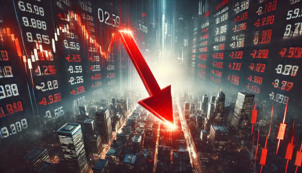 IHSG anjlok dengan panah merah besar menurun, menunjukkan kejatuhan pasar saham dan angka merah di papan bursa Indonesia.