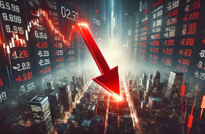IHSG anjlok dengan panah merah besar menurun, menunjukkan kejatuhan pasar saham dan angka merah di papan bursa Indonesia.