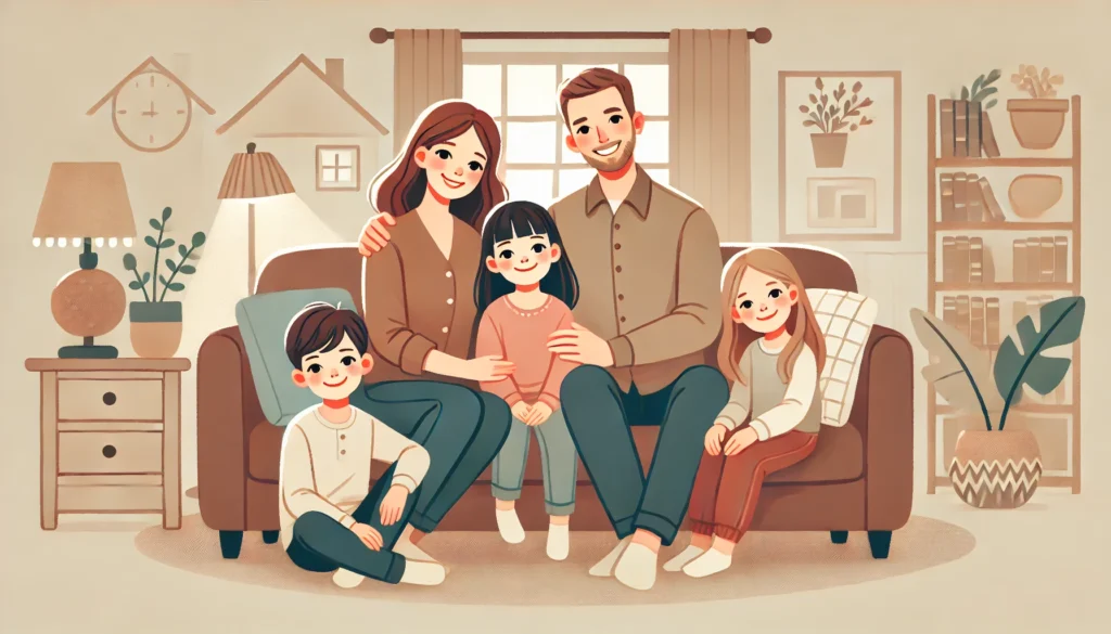 Ilustrasi kehidupan rumah tangga bahagia dengan seorang ayah, ibu, putri sulung berusia 8 tahun, putri kedua berusia 6 tahun, dan putra bungsu.
