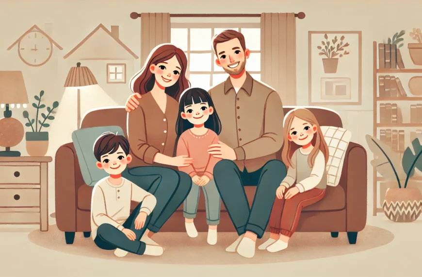 Ilustrasi kehidupan rumah tangga bahagia dengan seorang ayah, ibu, putri sulung berusia 8 tahun, putri kedua berusia 6 tahun, dan putra bungsu.