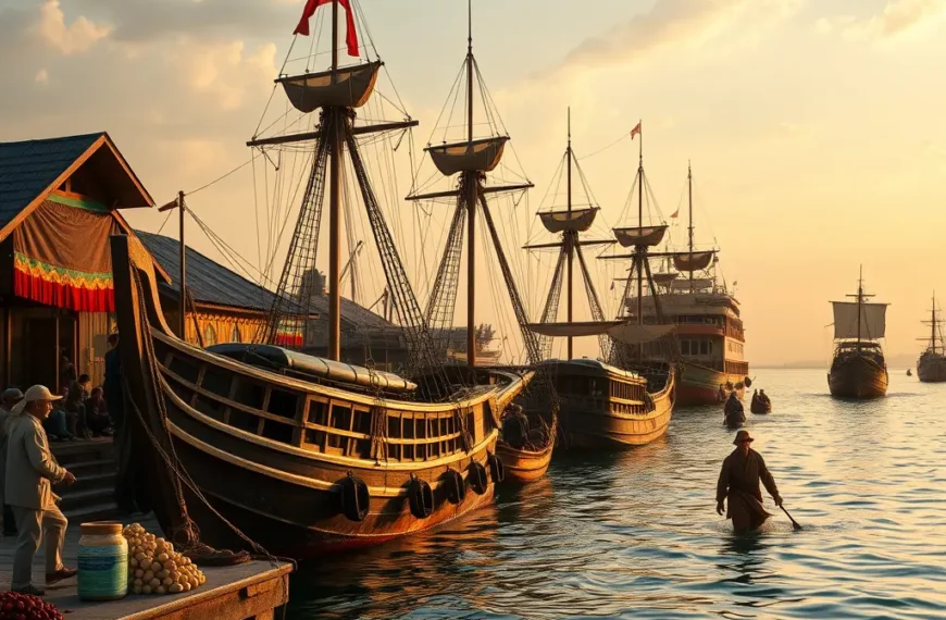 Pelabuhan Kerajaan Majapahit dengan kapal jong berlabuh, pedagang rempah-rempah, dan aktivitas maritim di tepi laut saat senja