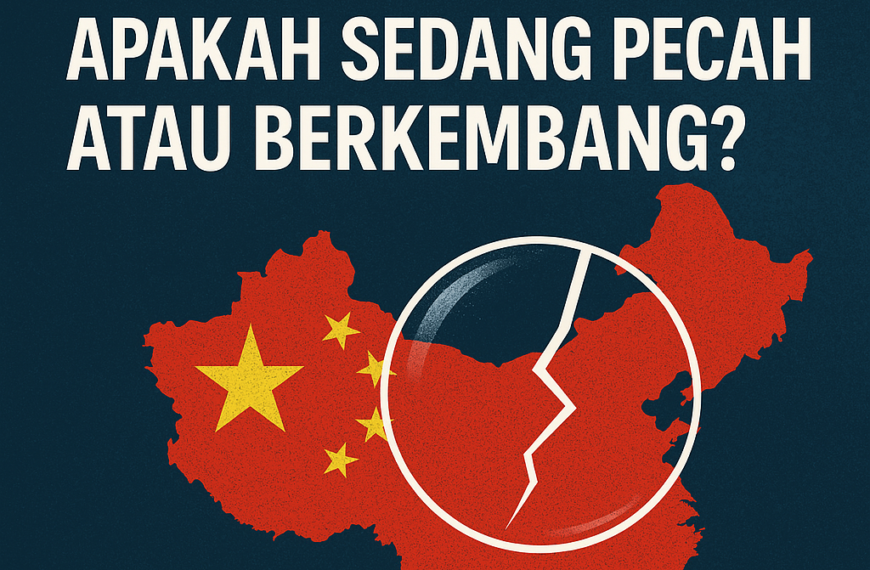 Ilustrasi perkembangan industri AI China, menggambarkan pusat data AI dengan chip dan grafis yang terkait.