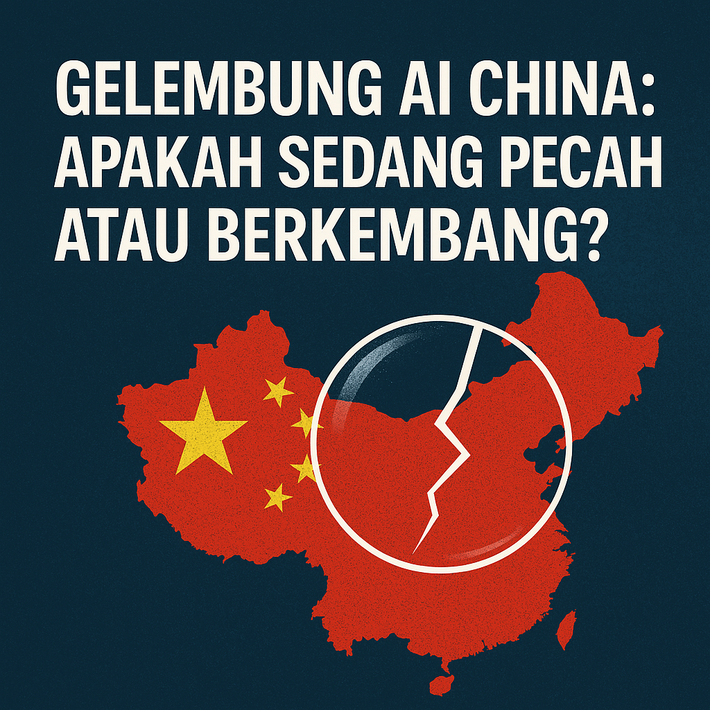 Ilustrasi perkembangan industri AI China, menggambarkan pusat data AI dengan chip dan grafis yang terkait.