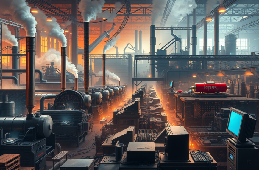 Pabrik dengan mesin uap, komputer, dan teknologi modern mencerminkan evolusi revolusi industri