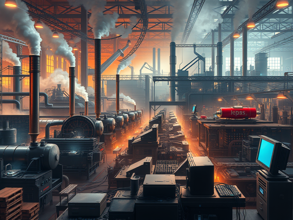 Pabrik dengan mesin uap, komputer, dan teknologi modern mencerminkan evolusi revolusi industri