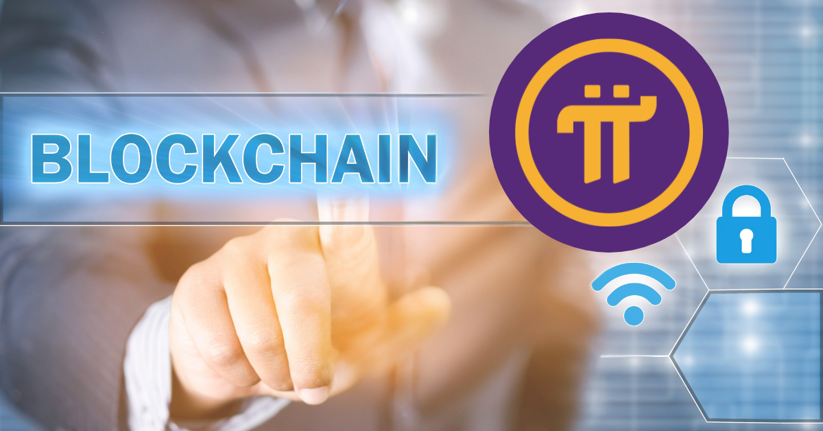 Logo Pi Network di atas latar belakang bertema blockchain dengan seseorang yang menunjuk layar holografik bertuliskan "BLOCKCHAIN