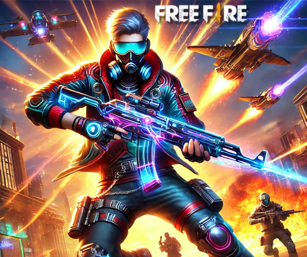 Ilustrasi karakter Free Fire dengan skin langka dalam pose pertempuran dinamis, memegang senjata bercahaya dengan efek visual futuristik di medan tempur