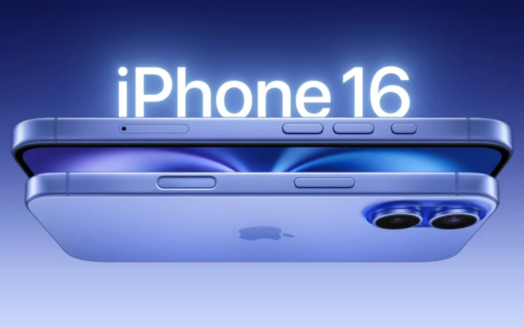 Tampilan depan dan belakang iPhone 16 dalam warna pastel biru muda