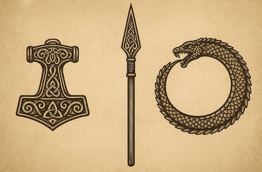 Kumpulan simbol dan artefak dalam mitologi Nordik termasuk Mjölnir dan Gungnir