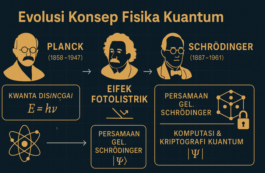 Infografik yang menunjukkan perkembangan teori fisika kuantum dari Planck hingga komputasi dan kriptografi kuantum