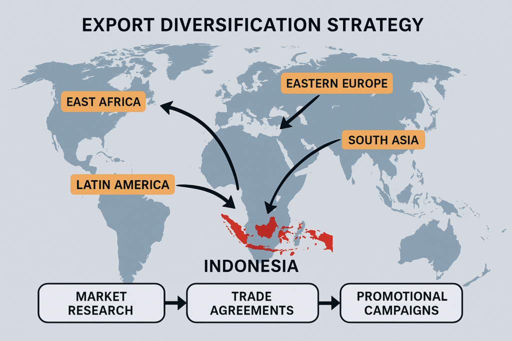 Peta dunia dengan penekanan pada wilayah Afrika, Amerika Latin, Eropa Timur, Asia Selatan, Oseania, dan ASEAN, serta diagram alur strategi penetrasi pasar ekspor Indonesia ke wilayah-wilayah tersebut.