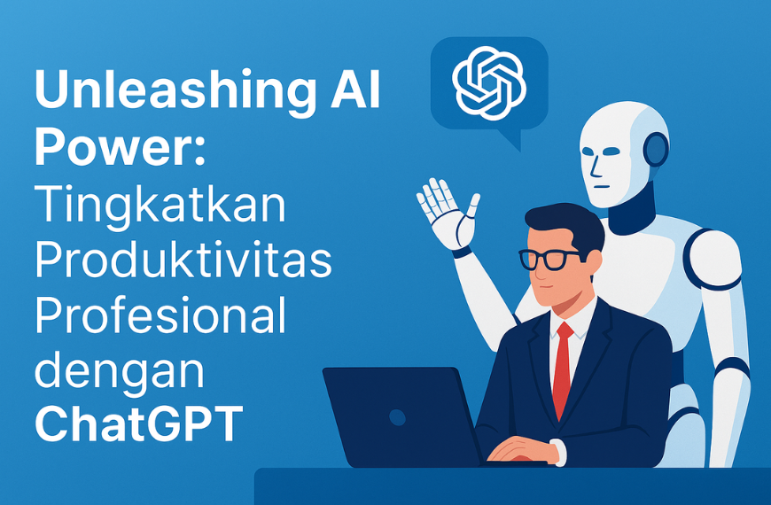 Ilustrasi empat profesional di ruang rapat yang bekerja dengan bantuan antarmuka AI menggunakan ChatGPT untuk produktivitas kerja.