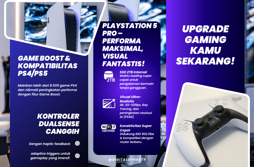 PlayStation 5 Pro โ Konsol Gaming Terbaik 2025 Gambar konsol PS 5 Pro lengkap dengan controller DualSense, layar TV 4K di latar belakang, dan informasi fitur unggulan seperti SSD 2TB, 4K 120fps, dan Game Boost.