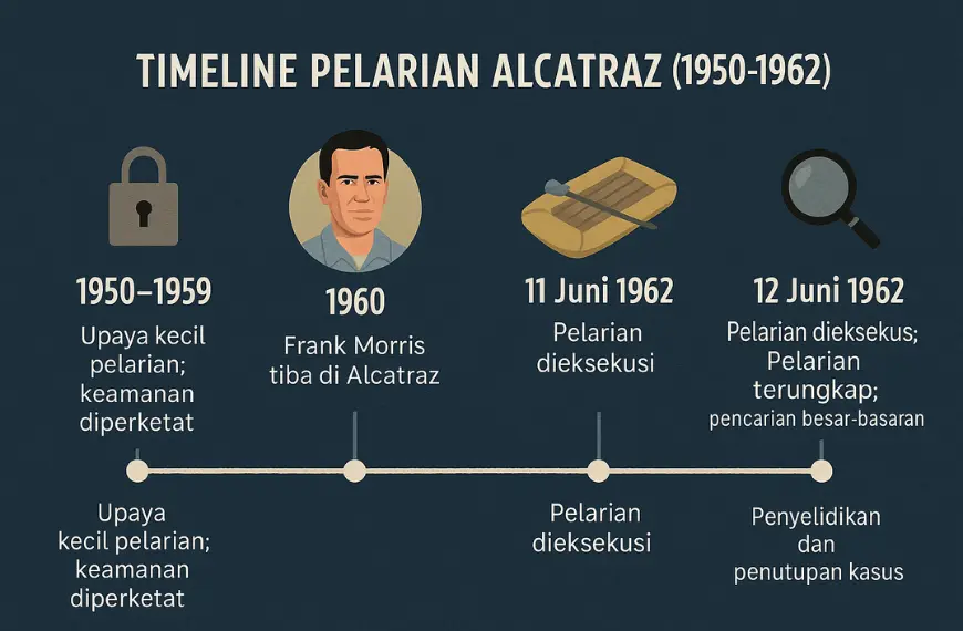 Timeline pelarian Alcatraz dari tahun 1950 hingga 1962 yang menampilkan upaya pelarian, kedatangan Frank Morris, eksekusi pelarian, dan penyelidikan.