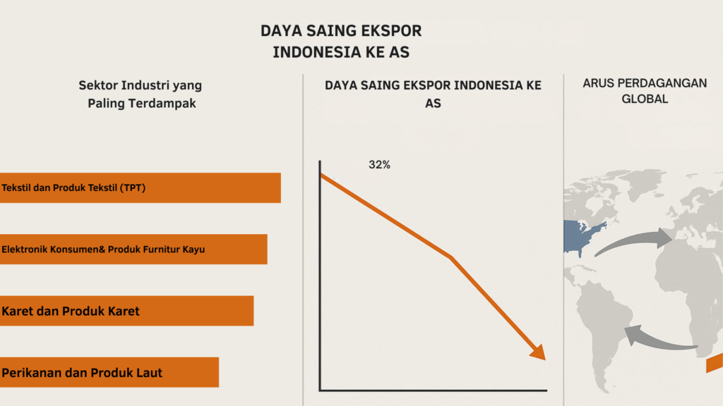 Infografik digital yang menunjukkan dampak tarif impor 32% oleh Amerika Serikat terhadap ekspor Indonesia, sektor industri yang paling terdampak, grafik penurunan daya saing ekspor ke AS, dan perubahan arus perdagangan global ke wilayah seperti ASEAN, Afrika, dan Amerika Latin.