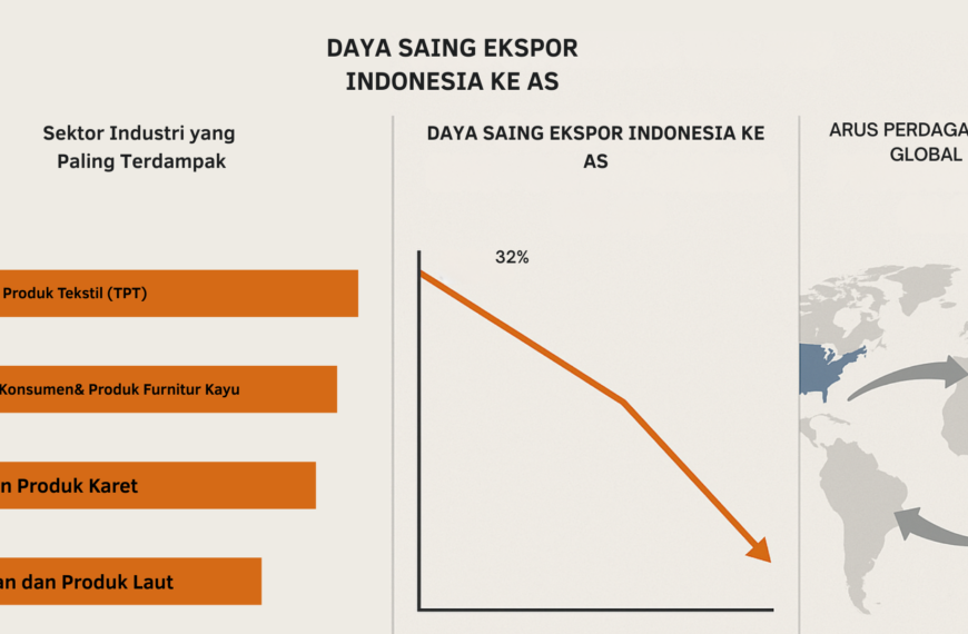 Infografik digital yang menunjukkan dampak tarif impor Trump 32% oleh Amerika Serikat terhadap ekspor Indonesia, sektor industri yang paling terdampak, grafik penurunan daya saing ekspor ke AS, dan perubahan arus perdagangan global ke wilayah seperti ASEAN, Afrika, dan Amerika Latin.