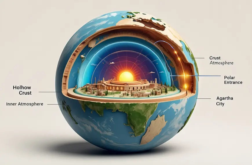Potongan melintang Bumi menunjukkan lapisan kerak, atmosfer dalam, dan kota Agartha dengan matahari mini di tengah.