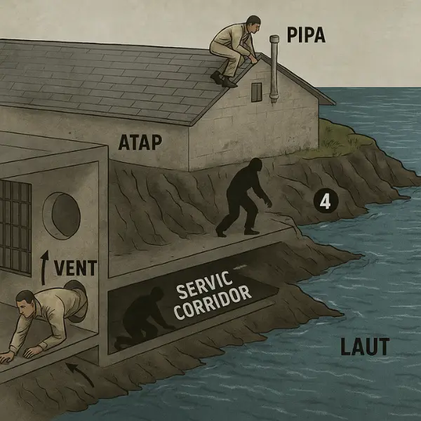 Diagram jalur pelarian Alcatraz 1962, menunjukkan rute tahanan dari sel, melalui ventilasi dan koridor servis, ke atap dan laut.