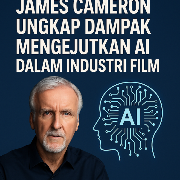 Ilustrasi James Cameron dikelilingi elemen AI dan teknologi sinema futuristik