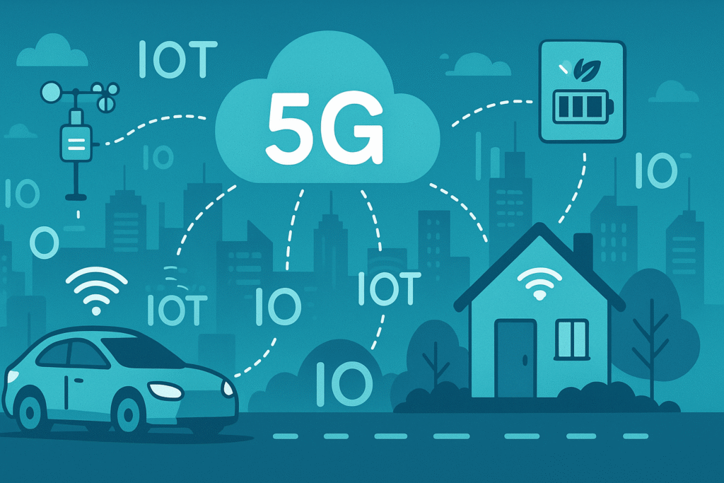 Ilustrasi perangkat IoT yang terhubung dengan teknologi 5G di kota pintar, termasuk mobil otonom, sensor cuaca, perangkat rumah pintar, dan sistem pengelolaan energi.