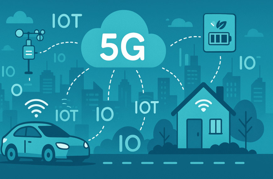 Ilustrasi perangkat IoT yang terhubung dengan teknologi 5G di kota pintar, termasuk mobil otonom, sensor cuaca, perangkat rumah pintar, dan sistem pengelolaan energi.