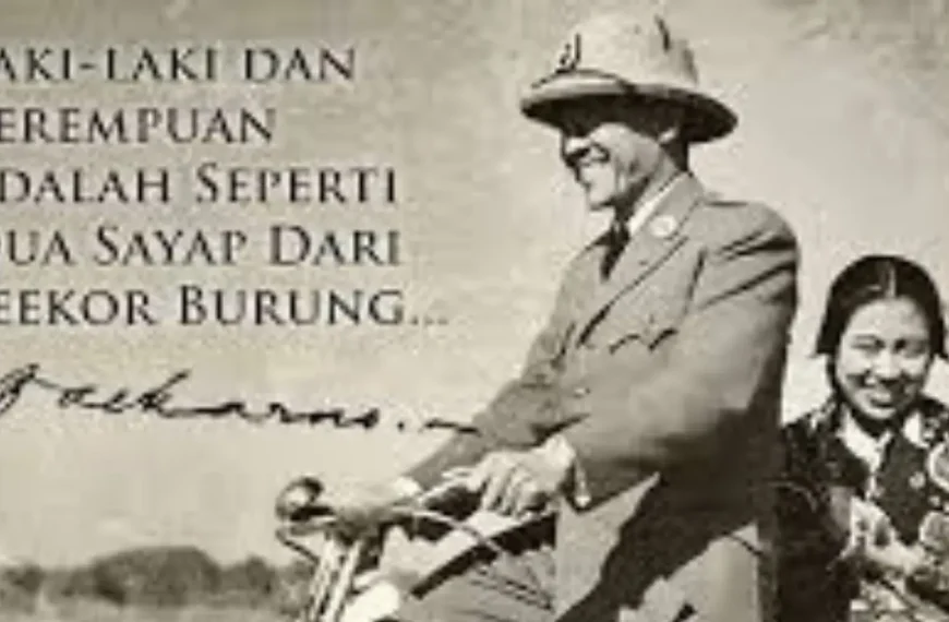 Ir. Soekarno bersama istri, Dewi, dengan kutipan tentang hubungan antara laki-laki dan perempuan sebagai dua sayap burung.