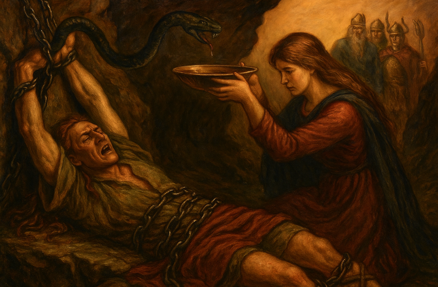 Ilustrasi Loki dirantai dengan ular meneteskan bisa di atas kepalanya (mitologi nordik)