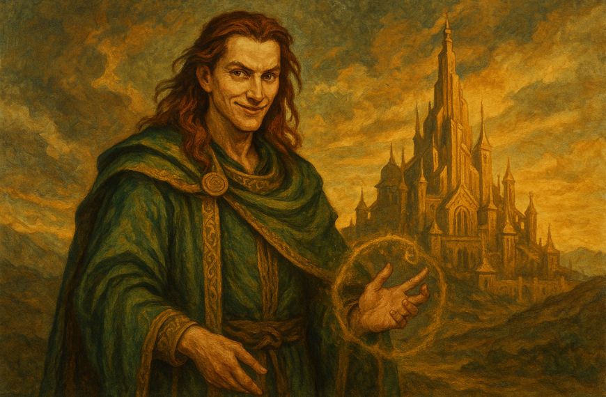 Ilustrasi Loki dengan pakaian khas dewa Mitologi Nordik dan ekspresi licik