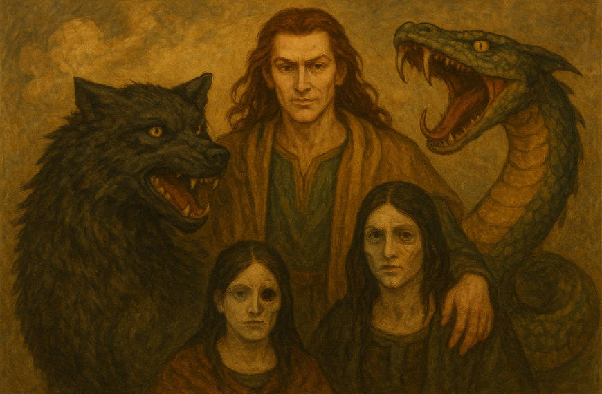 Gambar Loki bersama Fenrir, Hel, dan Jörmungandr (mitologi nordik)