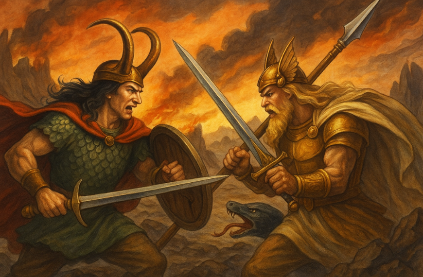 Adegan pertarungan epik antara Loki dan Heimdall saat Ragnarök (mitologi nordik)