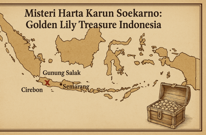 Peta ilustratif yang menunjukkan lokasi yang diduga menyimpan harta karun Golden Lily di Indonesia, seperti Gunung Salak dan wilayah Cirebon.