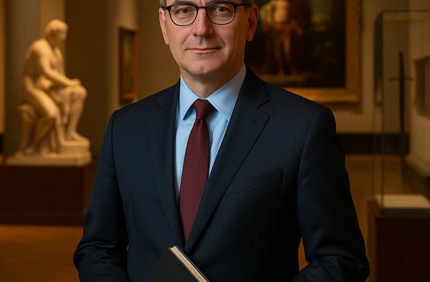 Potret Pierre Terjanian, Direktur dan CEO baru Museum of Fine Arts Boston, mengenakan jas resmi di depan latar koleksi seni.