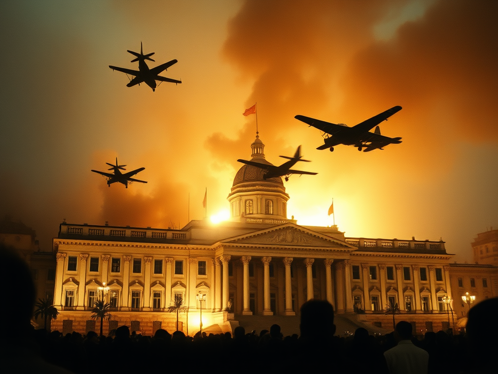 Pesawat tempur militer membombardir Istana La Moneda pada kudeta 1973, tempat Presiden Allende bertahan.