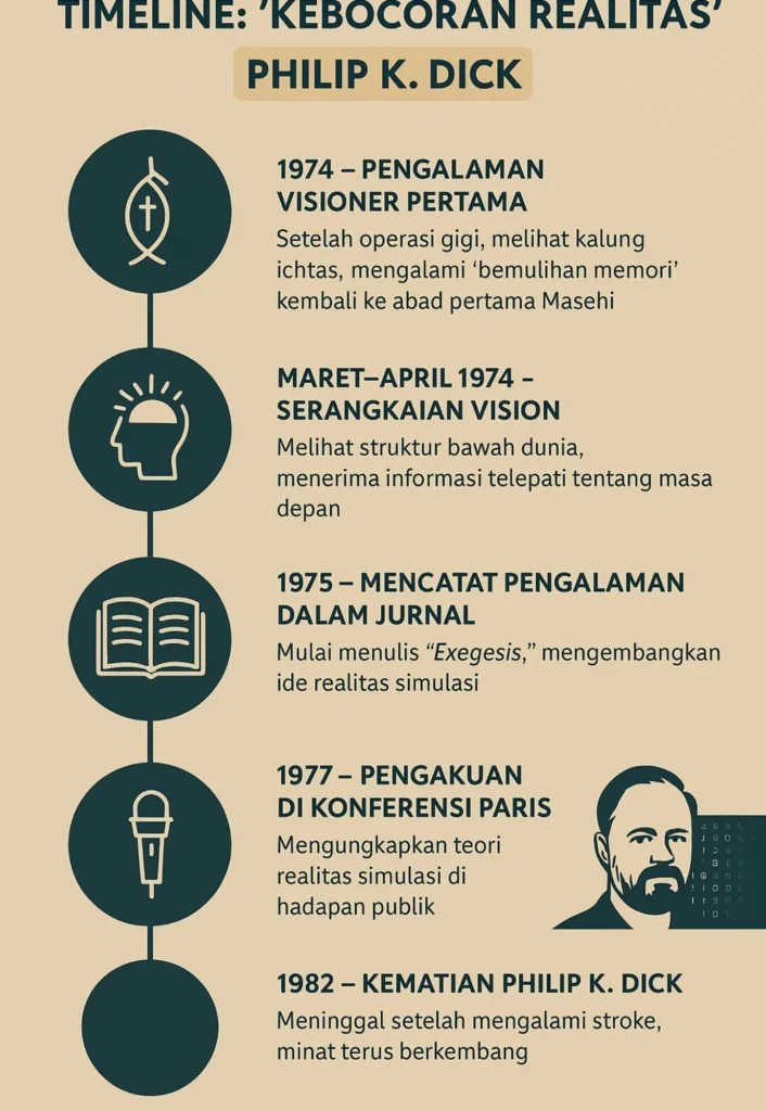 timeline pengalaman Philip K. Dick tentang hidup dalam simulasi dan realitas tersembunyi