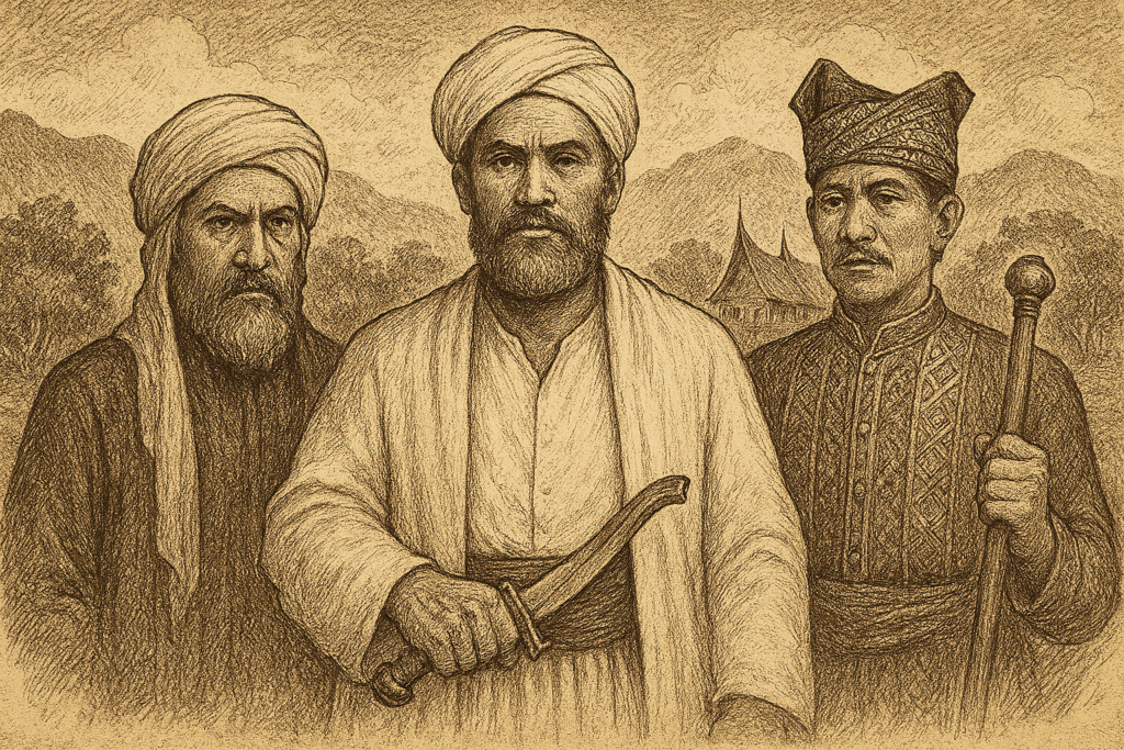 ilustrasi tokoh penting Perang Padri seperti Tuanku Imam Bonjol, Tuanku Nan Renceh, dan pemimpin adat Minangkabau