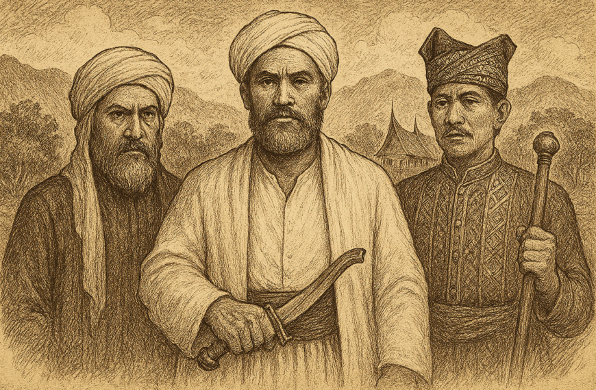 ilustrasi tokoh penting Perang Padri seperti Tuanku Imam Bonjol, Tuanku Nan Renceh, dan pemimpin adat Minangkabau