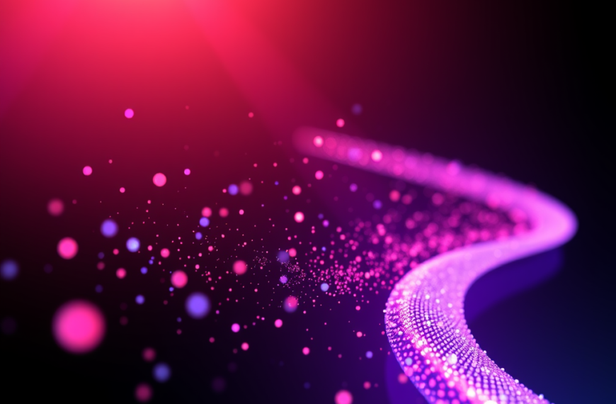 (memahami waktu) Visualisasi artistik lompatan partikel kuantum di dimensi waktu, menunjukkan jalur bercahaya yang melengkung dengan partikel-partikel bercahaya yang bergerak dinamis.