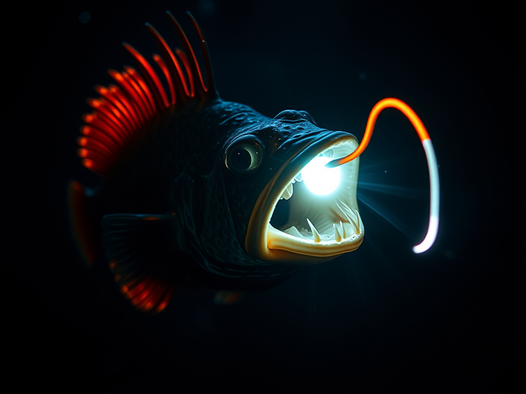 Ilustrasi ikan anglerfish di laut dalam dengan umpan bercahaya di depannya, menggunakan bioluminesensi untuk menarik mangsa dalam kegelapan total.