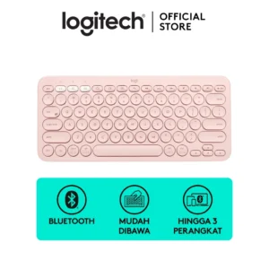 Tampilan Logitech K380 Multi-Device Keyboard di atas meja kerja, terhubung dengan laptop, tablet, dan smartphone melalui koneksi Bluetooth.