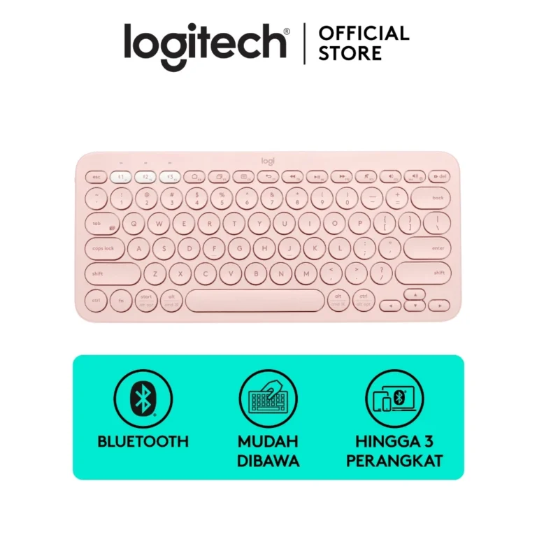Tampilan Logitech K380 Multi-Device Keyboard di atas meja kerja, terhubung dengan laptop, tablet, dan smartphone melalui koneksi Bluetooth.