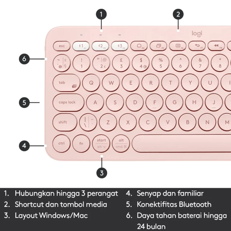 Tampilan Logitech K380 Multi-Device Keyboard di atas meja kerja, terhubung dengan laptop, tablet, dan smartphone melalui koneksi Bluetooth.