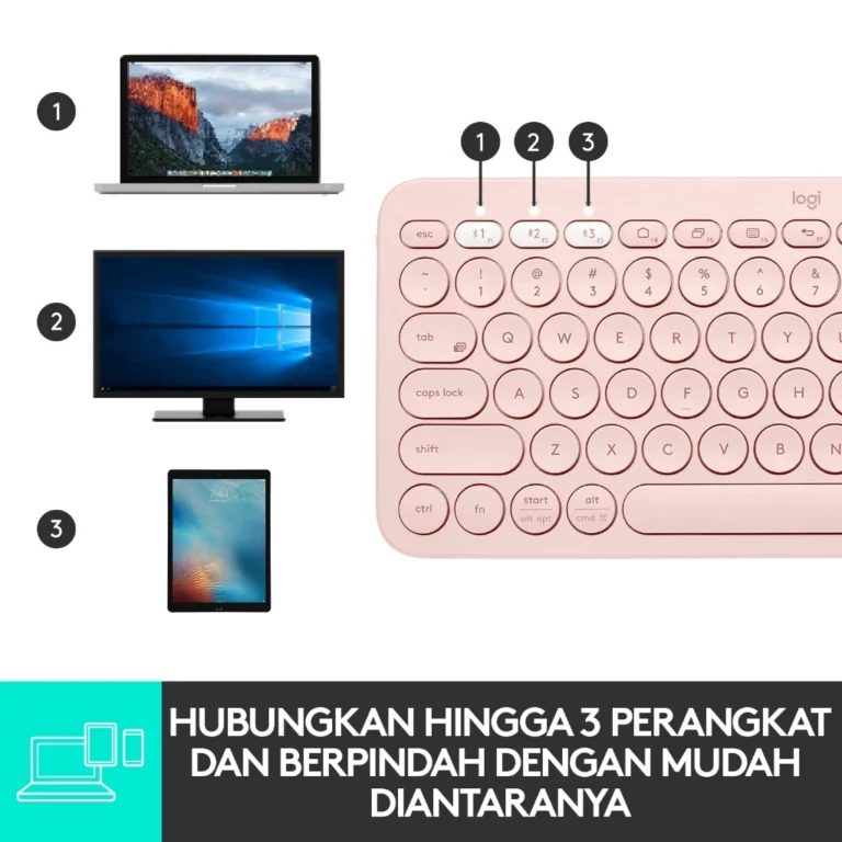 Tampilan Logitech K380 Multi-Device Keyboard di atas meja kerja, terhubung dengan laptop, tablet, dan smartphone melalui koneksi Bluetooth.