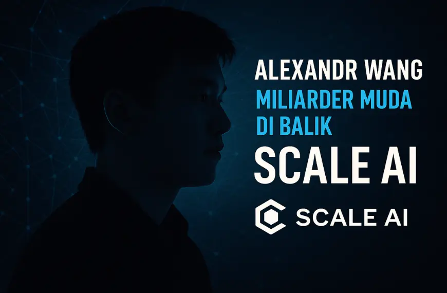 Siluet Alexandr Wang dengan logo Scale AI di latar digital biru