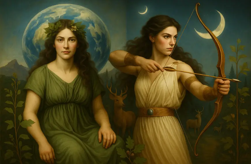 Gambar Artemis dan Gaea bersama dalam mitologi Yunani, menggambarkan kekuatan perempuan dalam kosmos