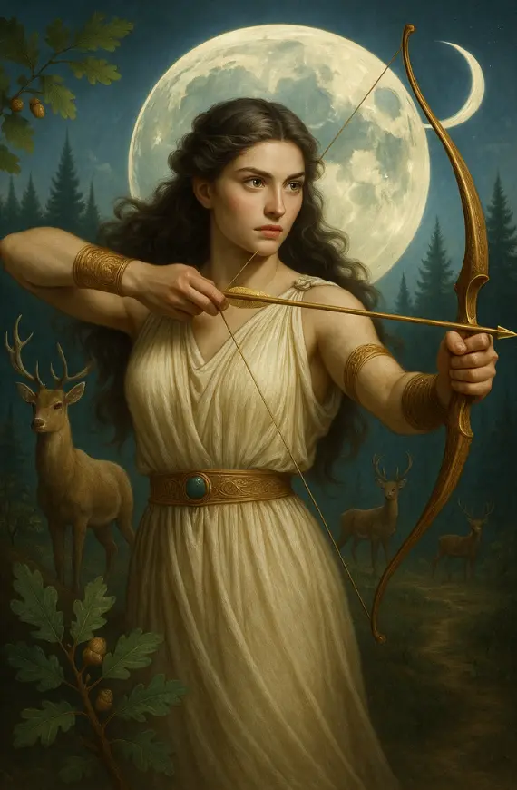 Gambar dewi Artemis mitologi Yunani membidik dengan busur dan latar bulan penuh