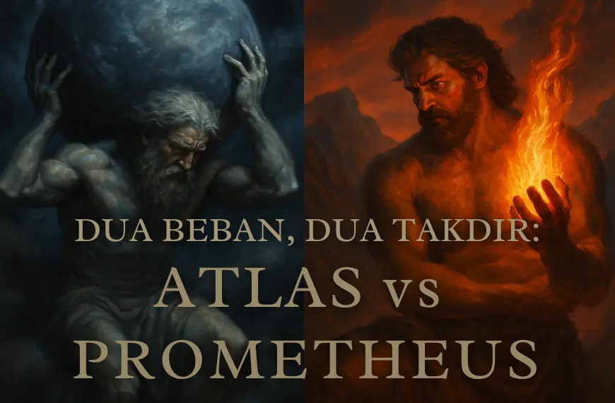 Ilustrasi dramatis Atlas dan Prometheus dalam mitologi Yunani, menampilkan Atlas memikul langit dan Prometheus memegang api.