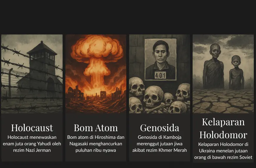 Ilustrasi empat tragedi kemanusiaan: Holocaust, bom atom Hiroshima, genosida Kamboja, dan kelaparan Holodomor.